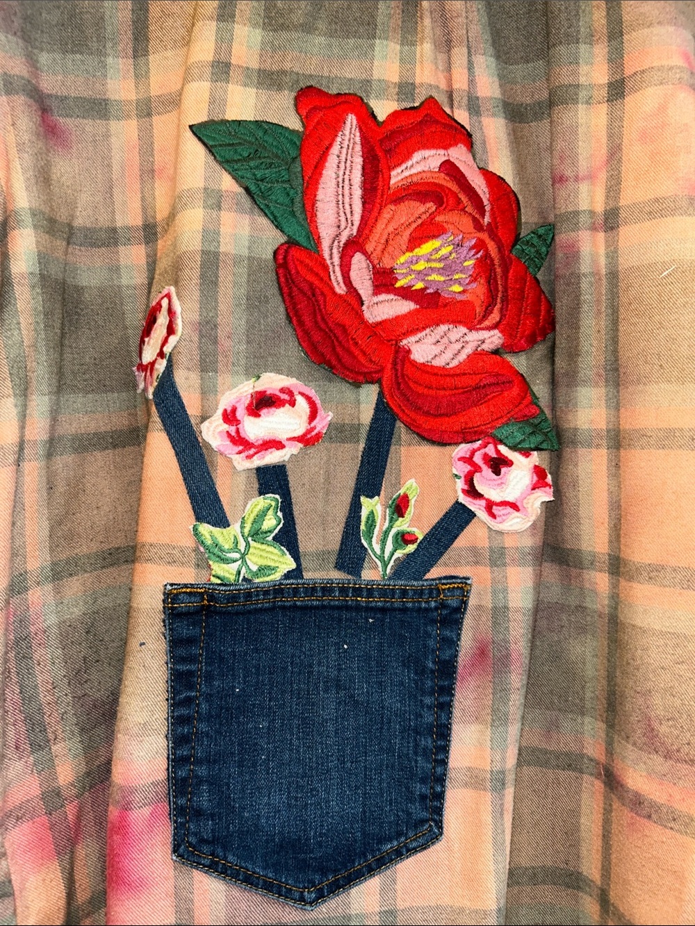 Hippie Rose Plaid Flannel Shirt Jacket with Red Floral Patch - Picture 2 of 3